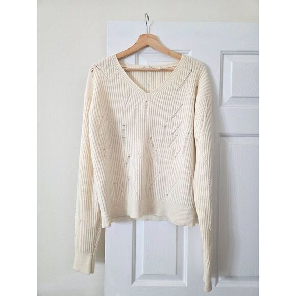 HELMUT LANG V-Neck Drop-Needle Wool Sweater Cream Distressed L - Picture 1 of 10